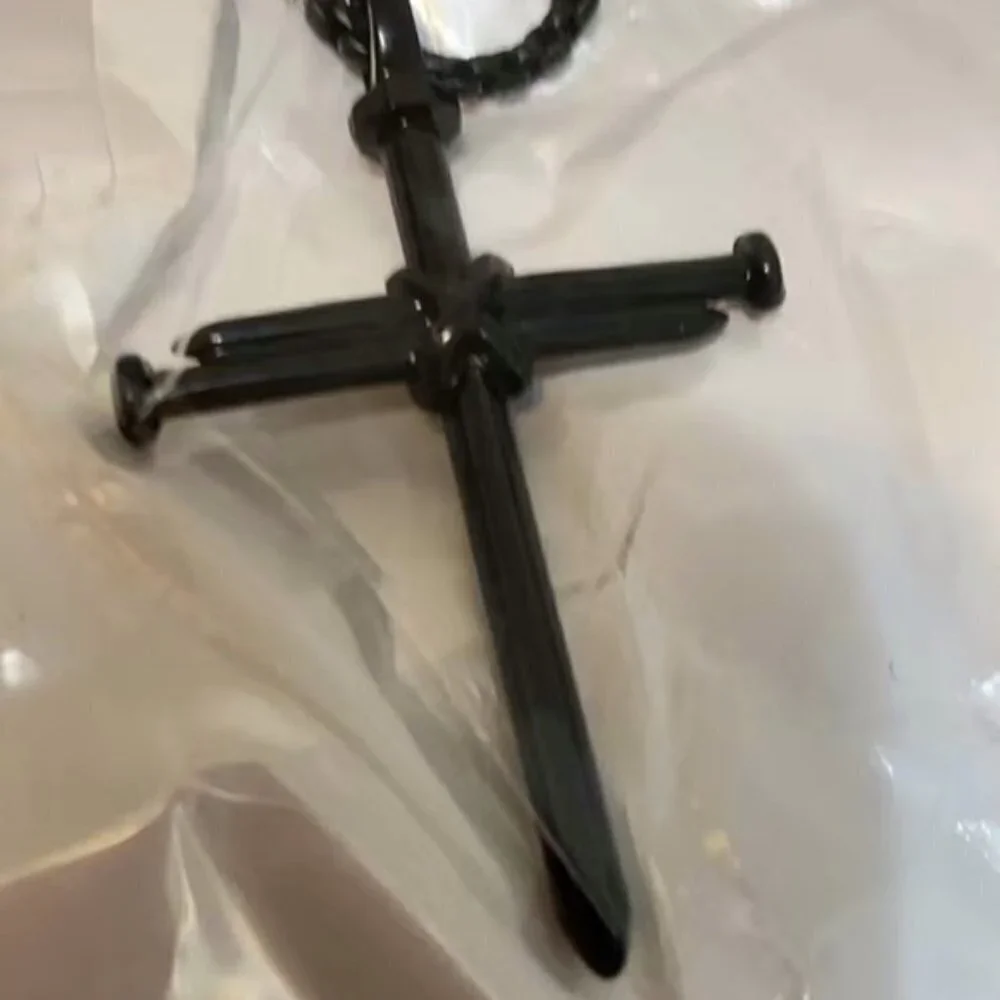 Cross 3 Nail Necklace Statement Piece Pendant Chain and Gift Pouch Black